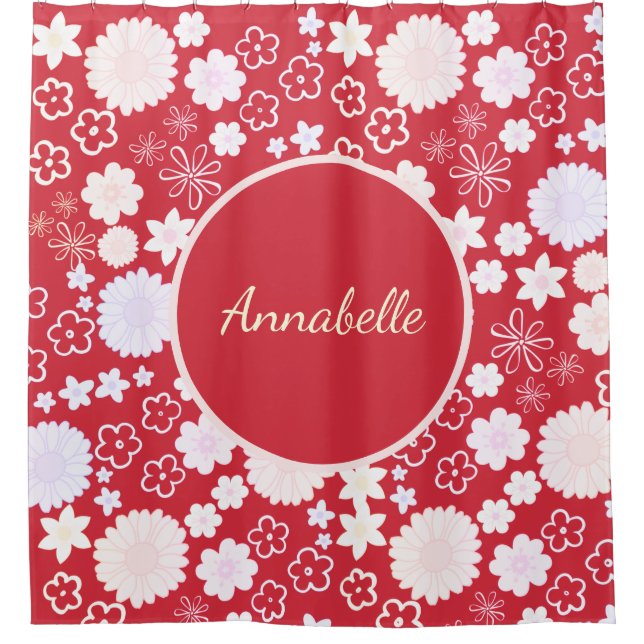 Bold Red Cream Flowers Floral Pattern Named  Shower Curtain (Front)