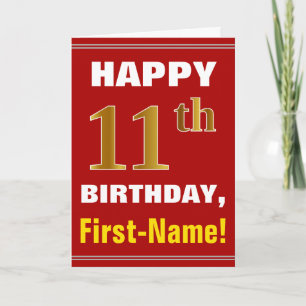 Bold, Red, Faux Gold 11th Birthday w/ Name Card