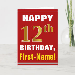 Bold, Red, Faux Gold 12th Birthday w/ Name Card