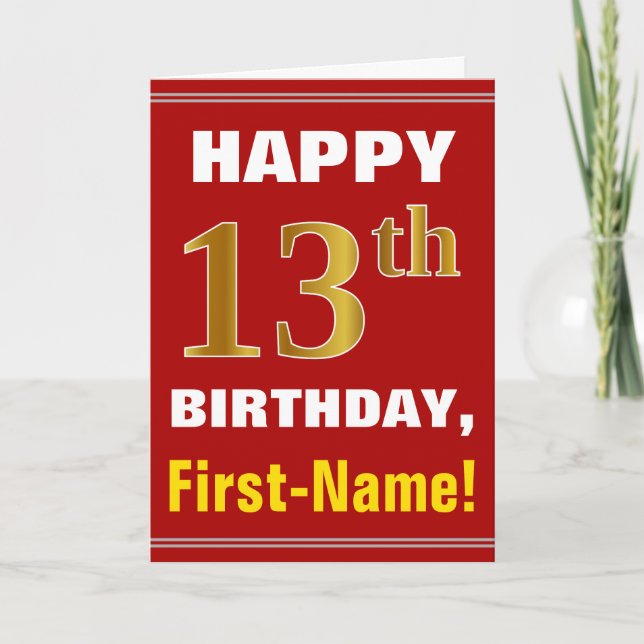 Bold, Red, Faux Gold 13th Birthday w/ Name Card (Front)