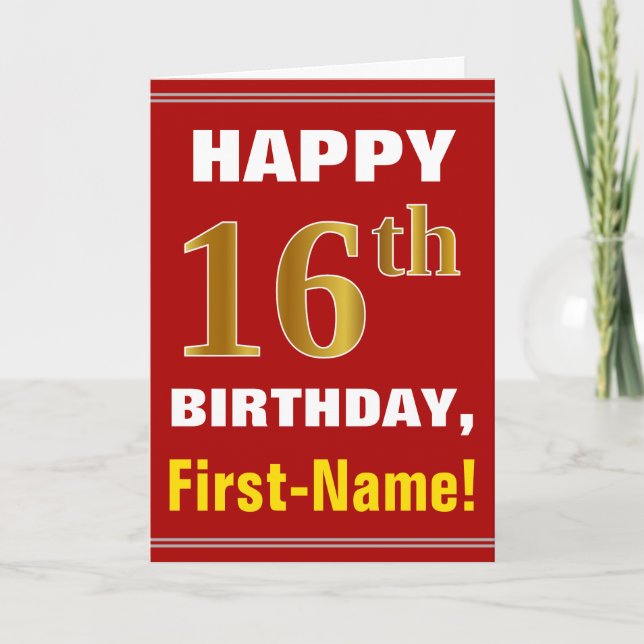 Bold, Red, Faux Gold 16th Birthday w/ Name Card (Front)