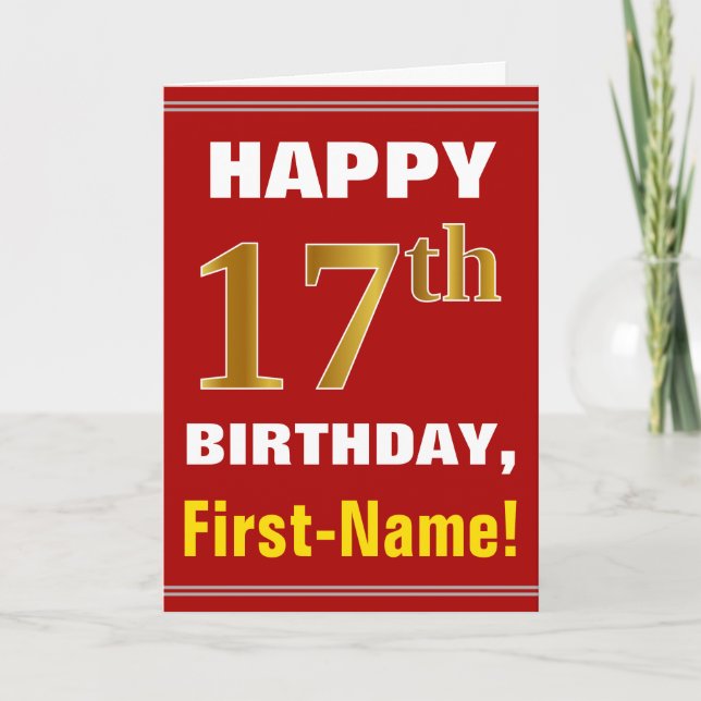 Bold, Red, Faux Gold 17th Birthday w/ Name Card (Front)