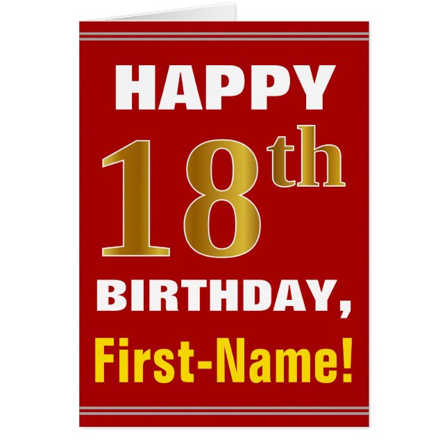 Bold, Red, Faux Gold 18th Birthday w/ Name Card (Front)