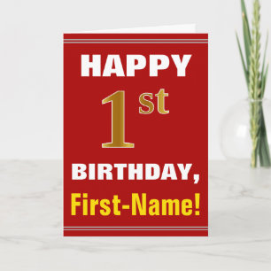 Bold, Red, Faux Gold 1st Birthday w/ Name Card