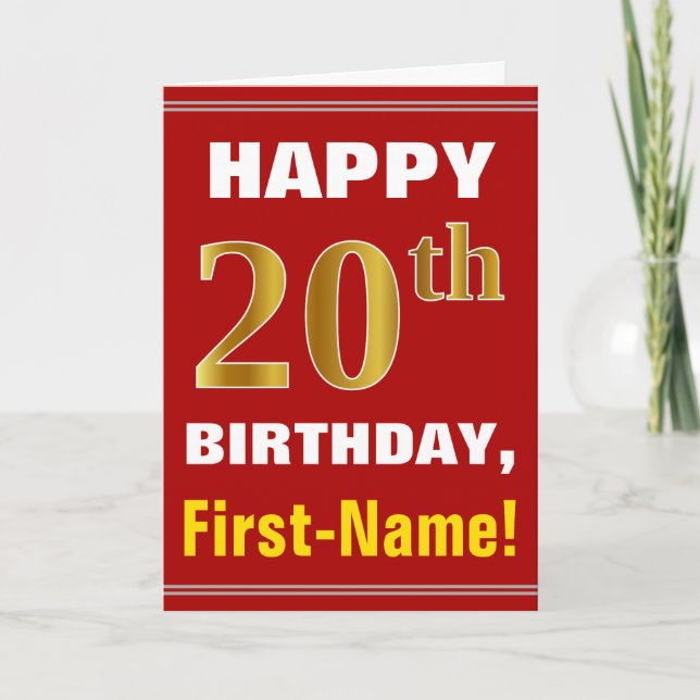 Bold, Red, Faux Gold 20th Birthday w/ Name Card (Front)
