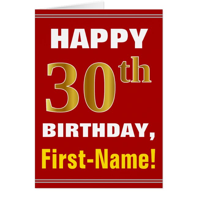 Bold, Red, Faux Gold 30th Birthday w/ Name Card (Front)
