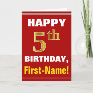Bold, Red, Faux Gold 5th Birthday w/ Name Card