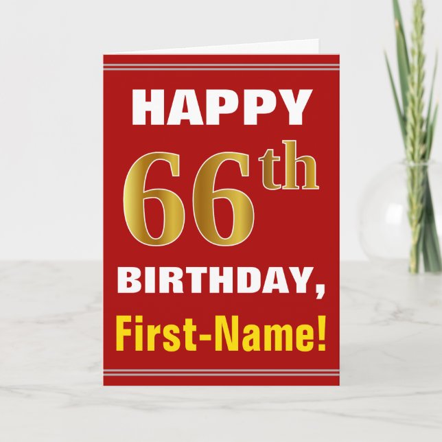 Bold, Red, Faux Gold 66th Birthday w/ Name Card (Front)