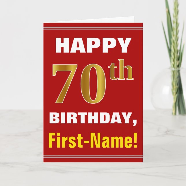 Bold, Red, Faux Gold 70th Birthday w/ Name Card (Front)