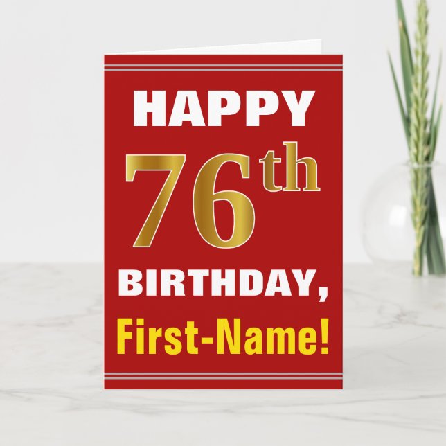 Bold, Red, Faux Gold 76th Birthday w/ Name Card (Front)