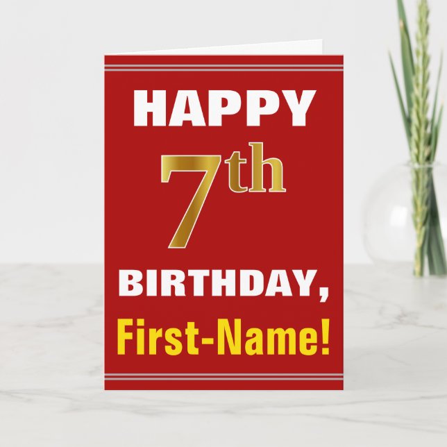 Bold, Red, Faux Gold 7th Birthday w/ Name Card (Front)
