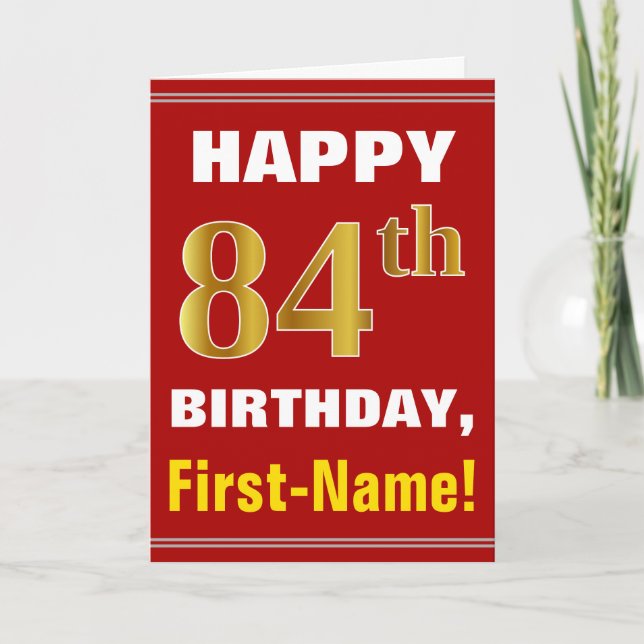 Bold, Red, Faux Gold 84th Birthday w/ Name Card (Front)