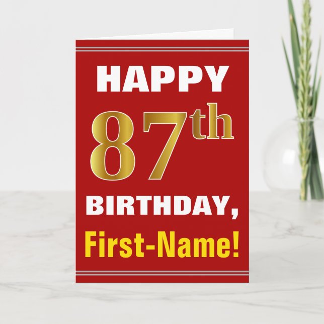 Bold, Red, Faux Gold 87th Birthday w/ Name Card (Front)