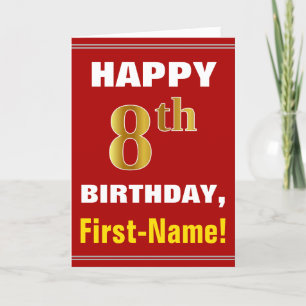 Bold, Red, Faux Gold 8th Birthday w/ Name Card