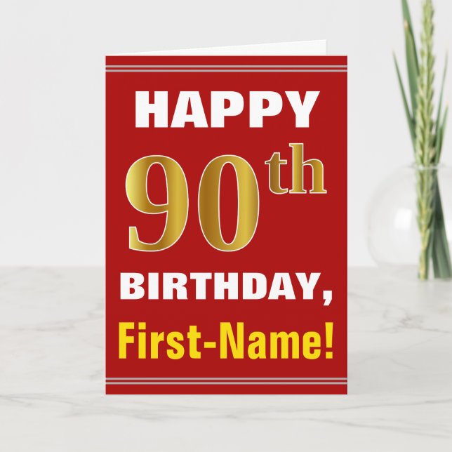 Bold, Red, Faux Gold 90th Birthday w/ Name Card (Front)