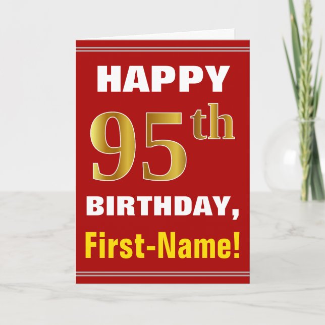 Bold, Red, Faux Gold 95th Birthday w/ Name Card (Front)
