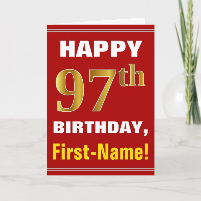 Bold, Red, Faux Gold 97th Birthday w/ Name Card (Front)
