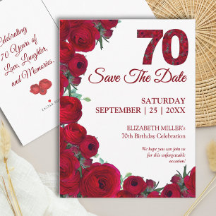 Bold Red Floral 70th Birthday Save the Date Announcement Postcard
