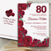 Bold Red Floral 80th Birthday