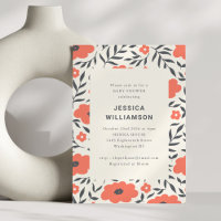 Bold Red Floral Black Leaf Baby Shower Party