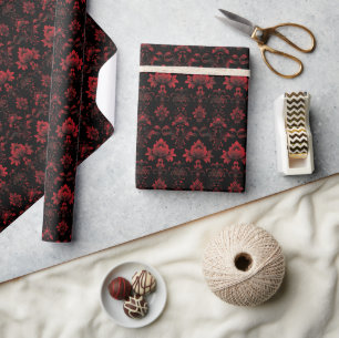 Bold Red Floral Damask Pattern on Black Wrapping Paper
