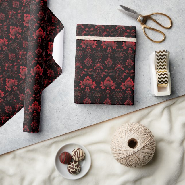 Bold Red Floral Damask Pattern on Black Wrapping Paper (Crafts)