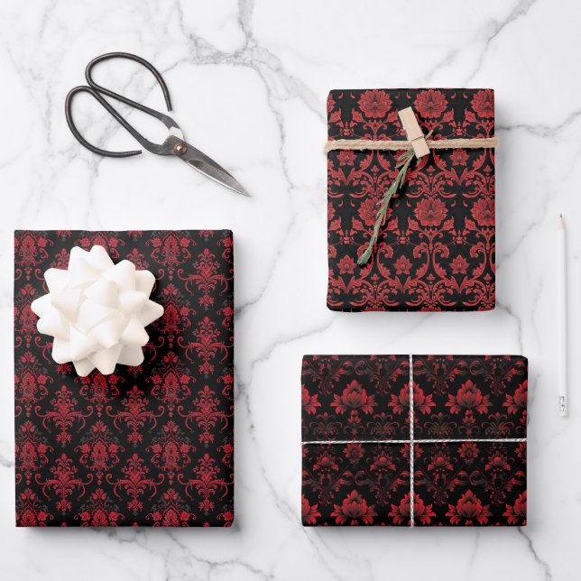 Bold Red Floral Damask Pattern on Black Wrapping Paper Sheet (Front)
