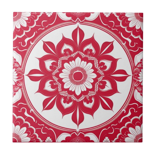Bold Red Floral Mandala Tile (Front)