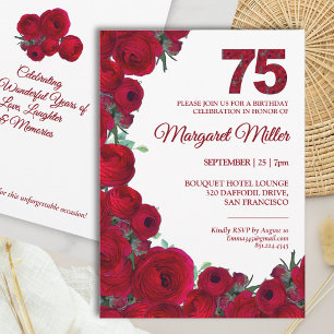 Bold Red Floral Number Elegant 75th Birthday Invitation