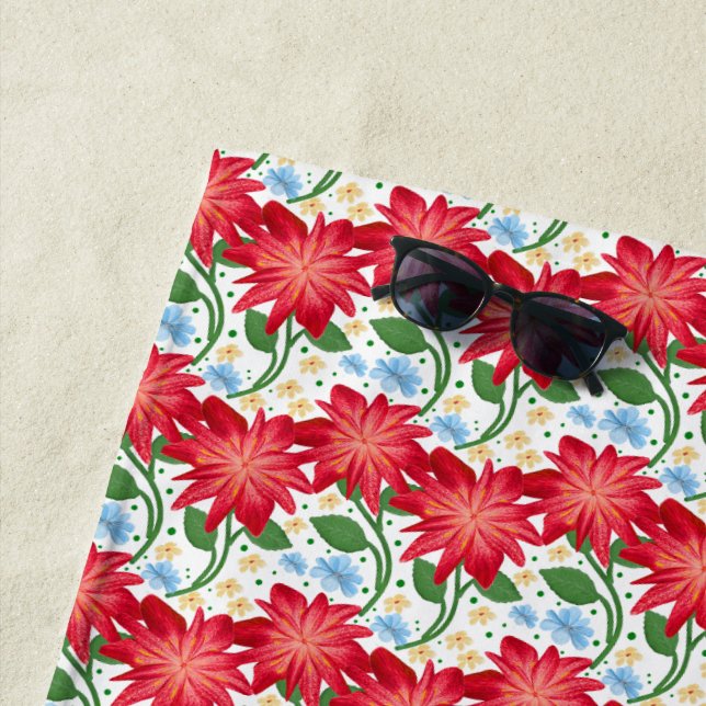 Bold Red Floral Seamless Pattern | Colourful  Beach Towel (In Situ)
