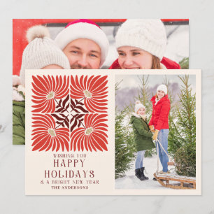 Bold Red Floral Two Photo Holidays Holiday Card
