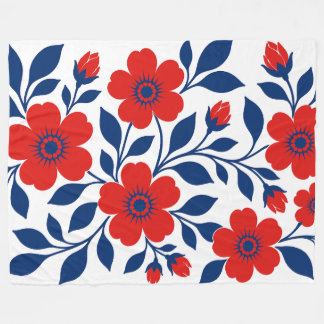Bold Red Flowers and Navy Blue Leaves Fleece Blanket
