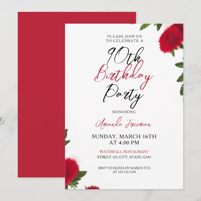 Bold Red Flowers Feminine 90th Birthday Invitation (Front/Back)
