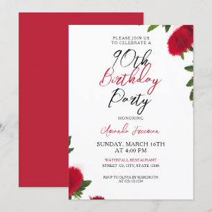 Bold Red Flowers Feminine 90th Birthday Invitation