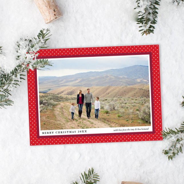 Bold Red Frame Preppy Flat Photo Holiday Card (Bold red and white polka dot framed family photo and caption text Christmas holiday cards)