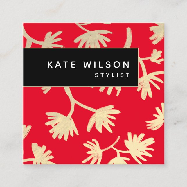 Bold Red Gold Artistic Floral Pattern Square Business Card (Front)