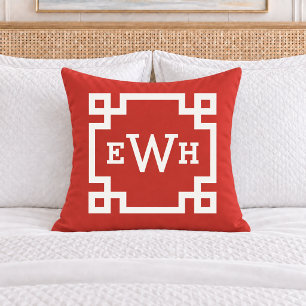 Bold Red Greek Key Monogram Initial Cushion