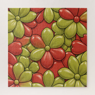 Bold Red Green Flower Pattern Glossy Heart Petals Jigsaw Puzzle