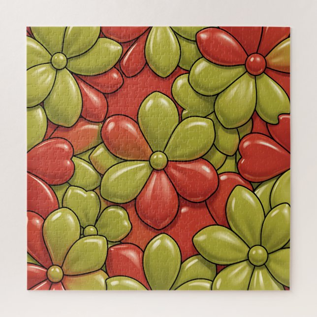 Bold Red Green Flower Pattern Glossy Heart Petals Jigsaw Puzzle (Vertical)