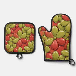 Bold Red Green Flower Pattern Glossy Heart Petals Oven Mitt & Pot Holder Set
