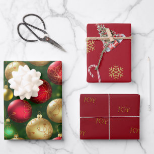 Bold Red Green Gold Christmas Ornaments  Wrapping Paper Sheet
