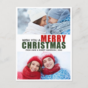 Bold Red & Green Merry Christmas 2 Photo Postcard