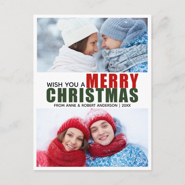 Bold Red & Green Merry Christmas 2 Photo Postcard (Front)