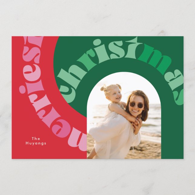 Bold Red Green Typography Flat One Photo Christmas Holiday Card (Front)
