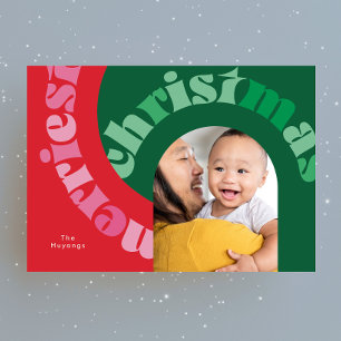 Bold Red Green Typography Oval One Photo Christmas Holiday Card