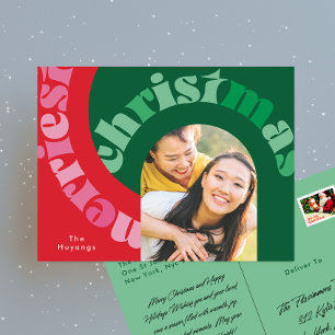 Bold Red Green Typography Oval One Photo Christmas Holiday Postcard