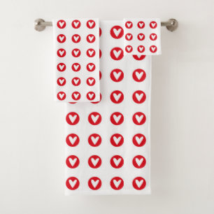 Bold Red Heart Emblem Pattern on White Bath Towel Set