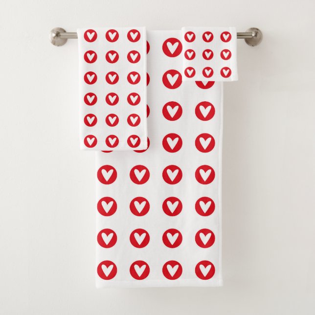 Bold Red Heart Emblem Pattern on White Bath Towel Set (Insitu)