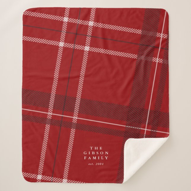 Bold red holiday plaid personalised family sherpa blanket (Front)