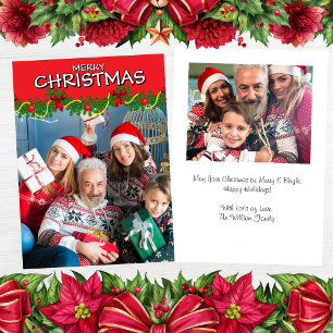 Bold Red Merry Christmas Custom Two Photo Flat Holiday Card